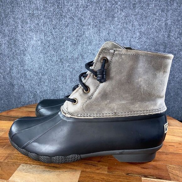 Sperry Saltwater Duck Boots Womens 8.5 Gray Black Leather Rain Shoes - Picture 4 of 10